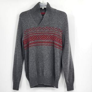 Eddie Bauer Sweater Size Small Mens Gray & Red Wool Blend Shawl Collar Fair Isle